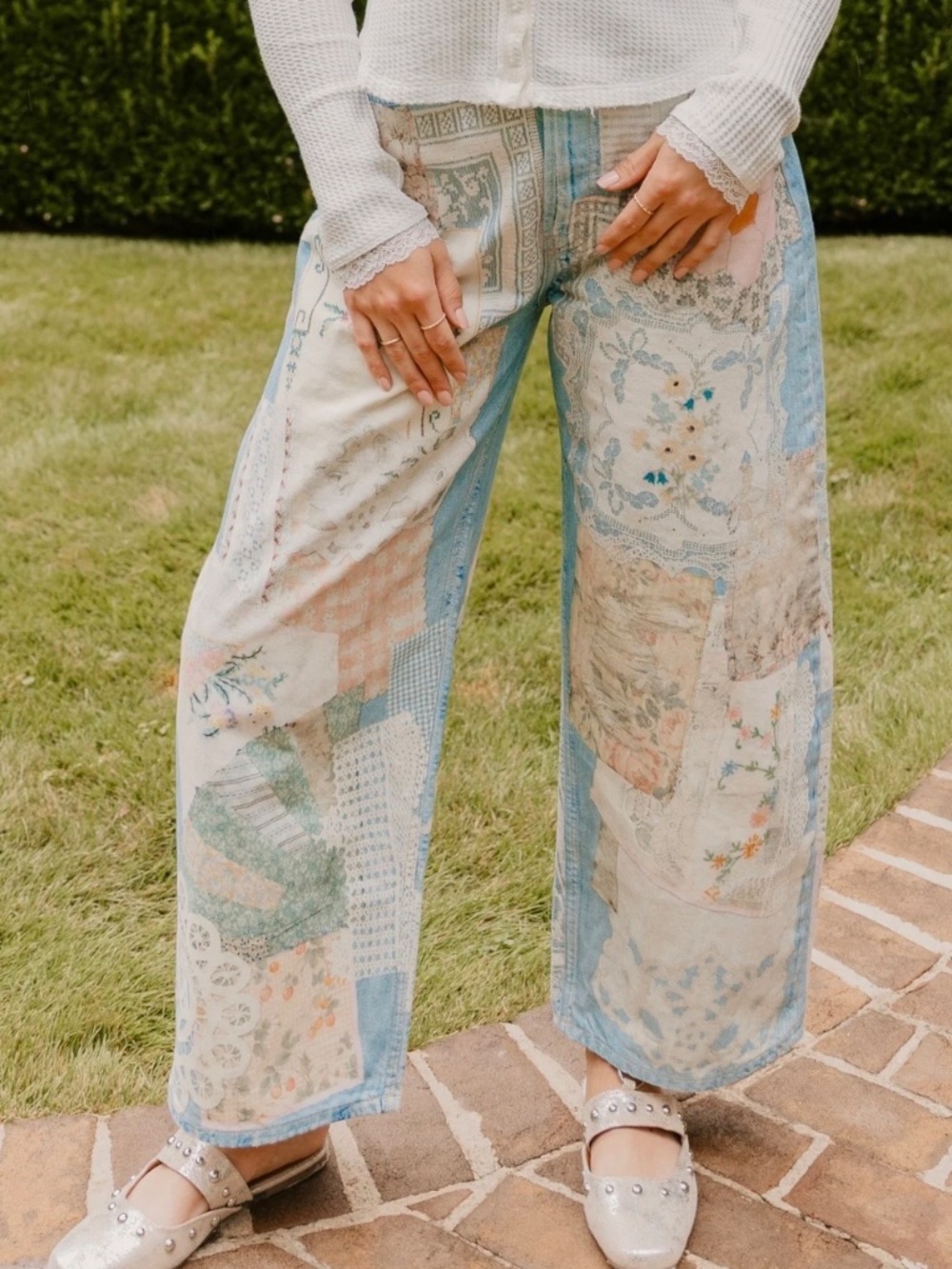 Free People Patchwork High-Rise Wide-Leg Jeans in Light Blue, Cream, Pink - Picture 6 of 10